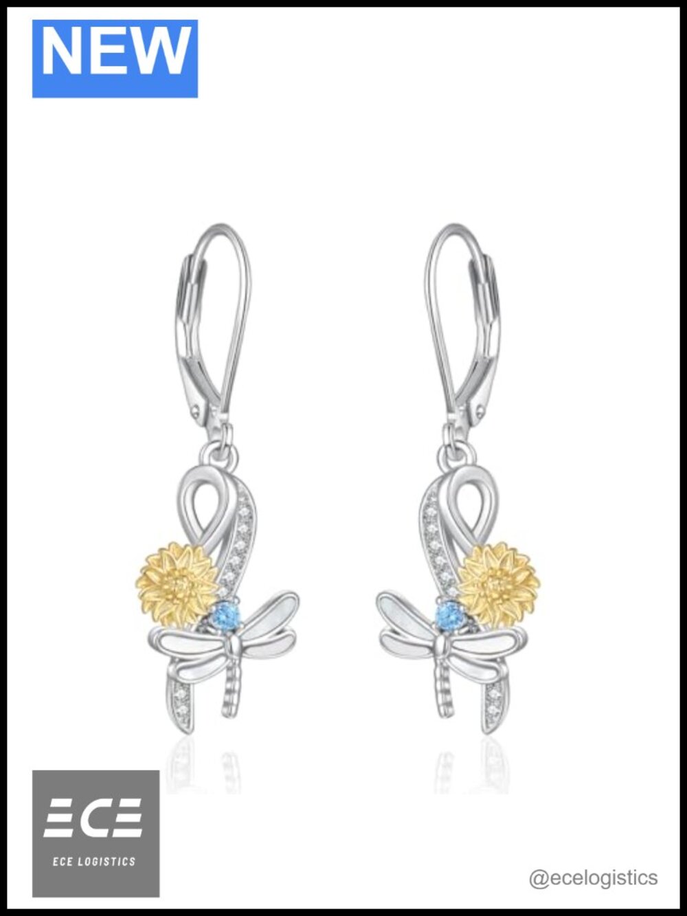925 Sterling Silver Dragonfly Sunflower Dangle Leverback Drop Earrings Women
